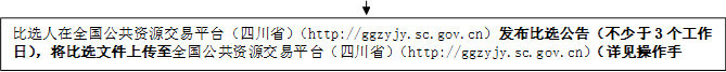 比選人在全國公共資源交易平臺（四川?。╤ttp://ggzyjy.sc.gov.cn）發(fā)布比選公告（不少于3個工作日），將比選文件上傳至全國公共資源交易平臺（四川?。╤ttp://ggzyjy.sc.gov.cn）（詳見操作手冊）。

